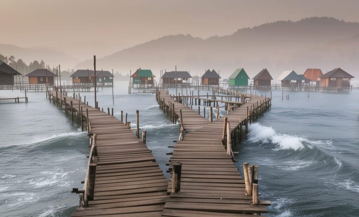Misty Lakeside Stilt Houses with Wooden Piers