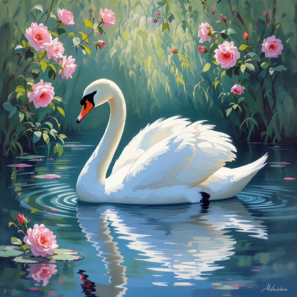 Majestic Swan on Serene Pond with Roses