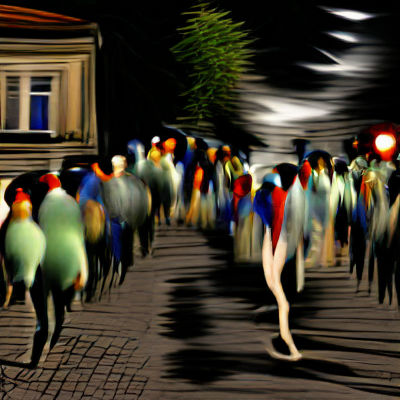 Surreal Sleepwalker in Crowded Night Street