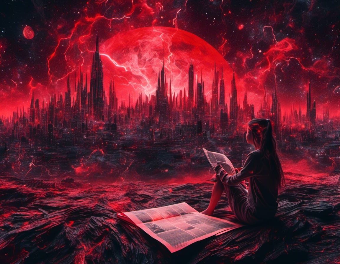 Futuristic Neon City Sunset on Newspaper Texture