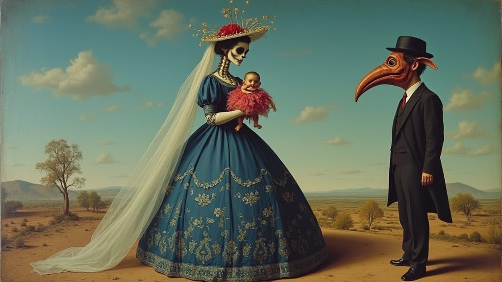 Catrina with Devil and Masked Man in Surreal Mexican Landsca...
