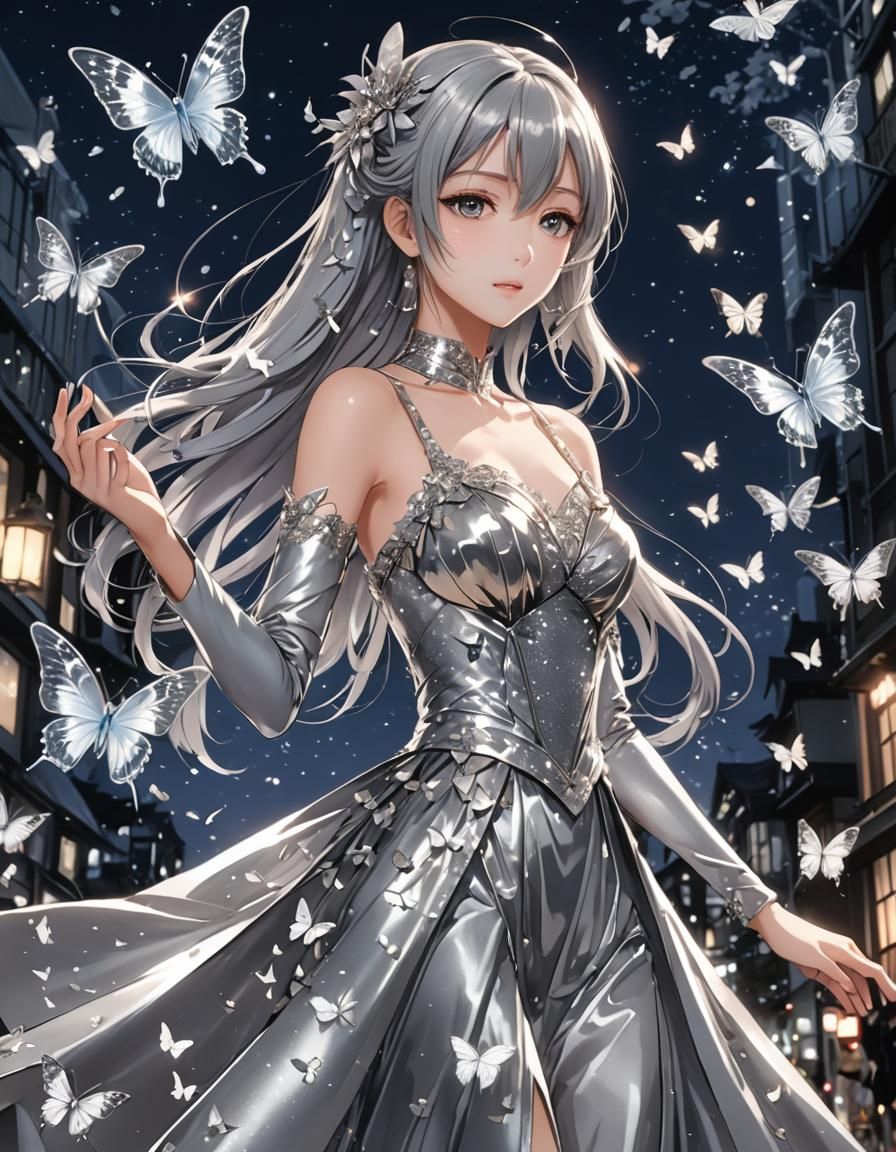 Nighttime view, an anime girl in silver dress gown, with oth...