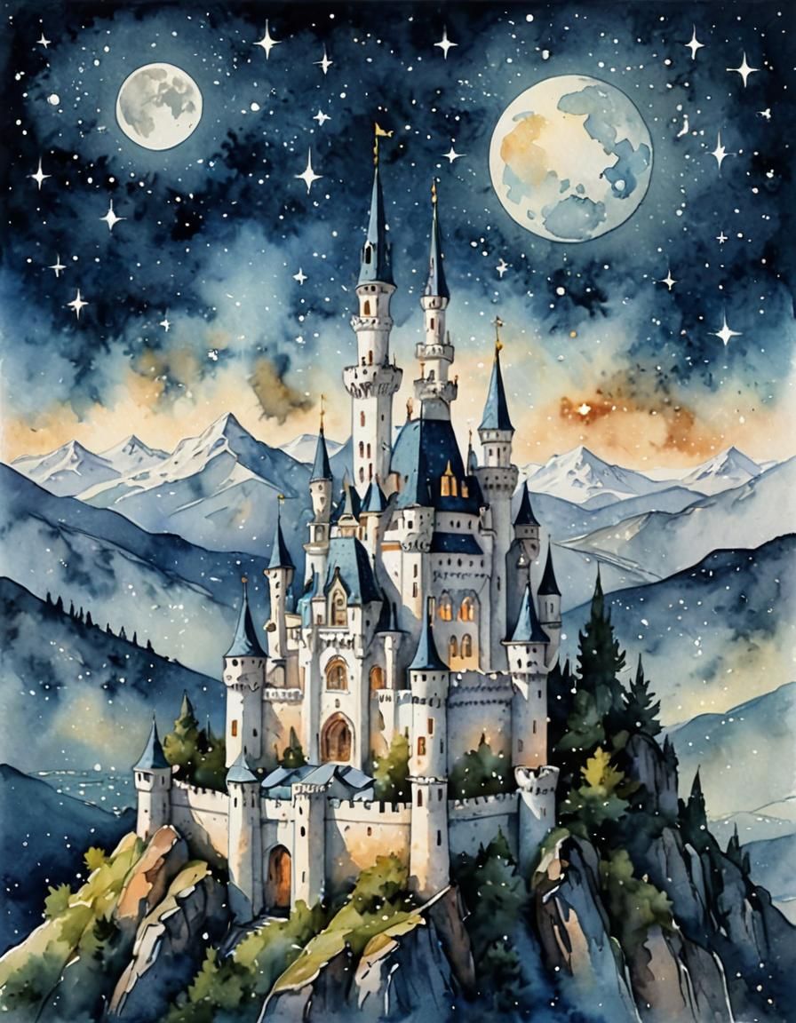 Delicate Castle with Minarets Under Starry Sky