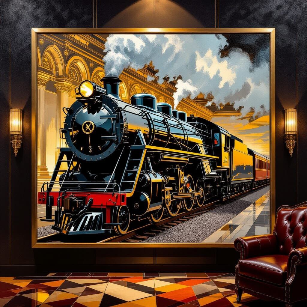Art Deco Locomotive Painting in Plush, Opulent Room