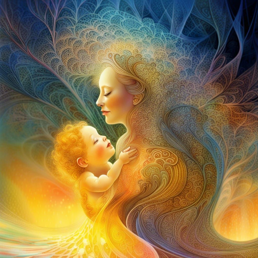 Pregnant Mother and Daughter in Fractal Forest