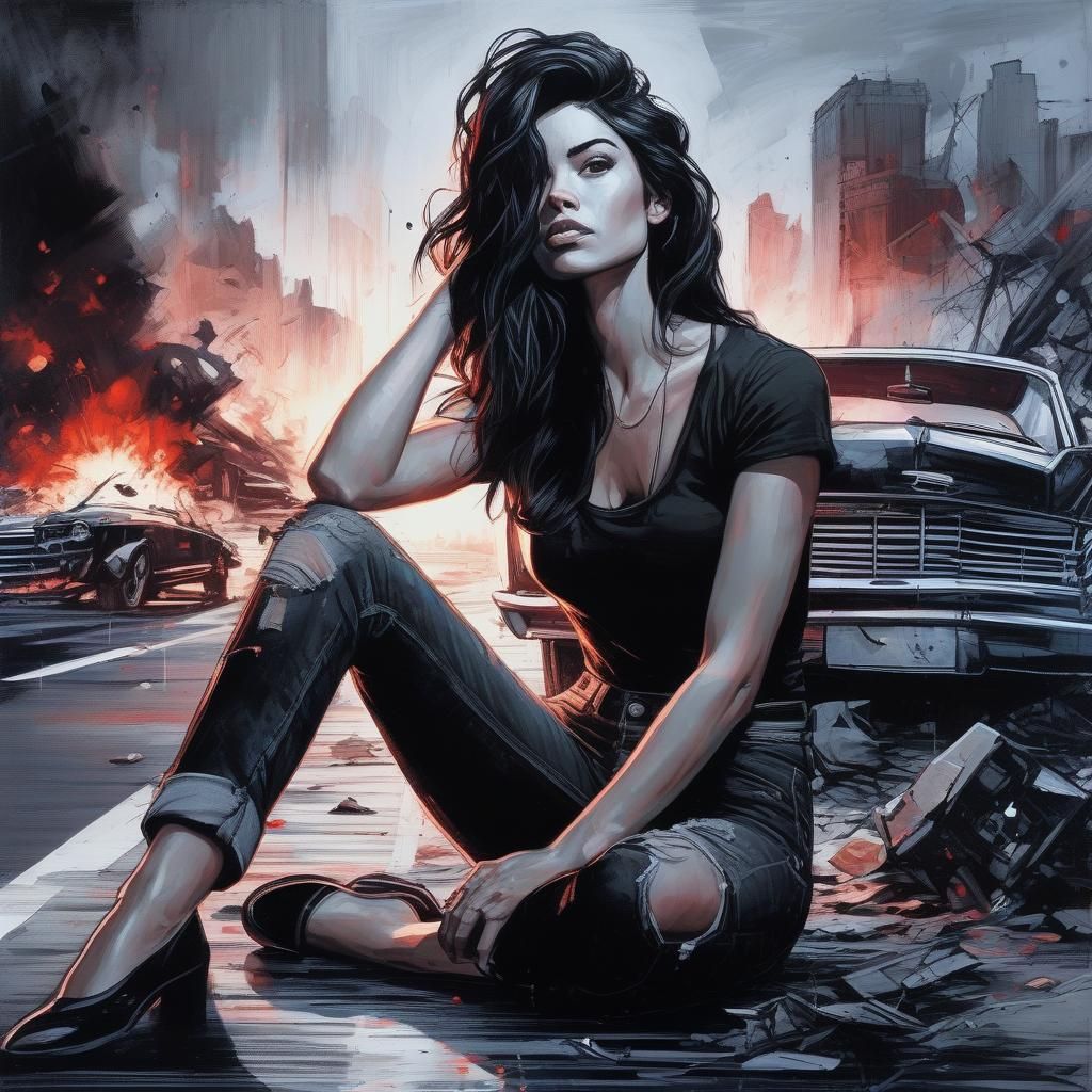 Woman at Car Crash: Comic Noir Painting