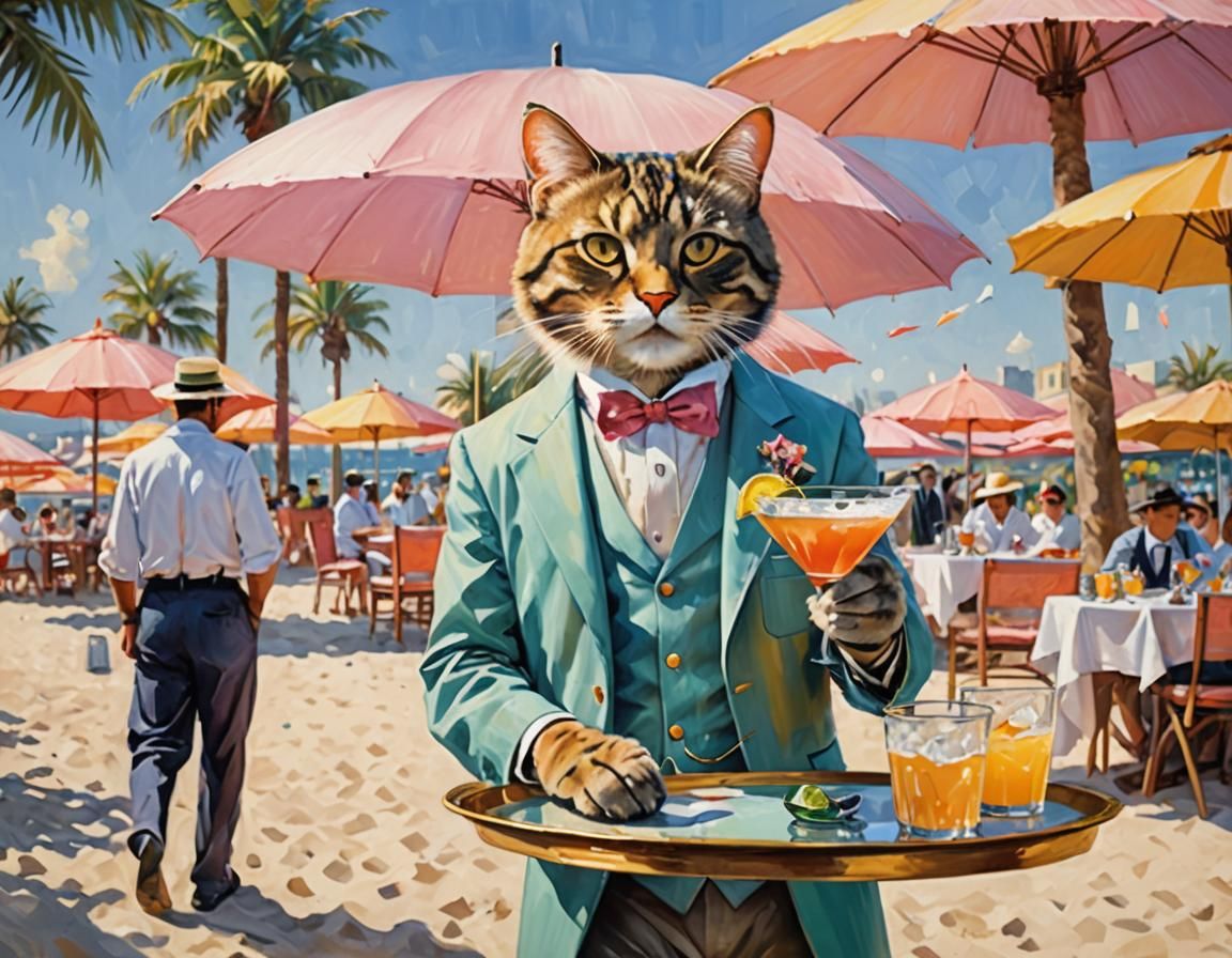 Cat Waiter Serving Cocktails on a Sunny Beach