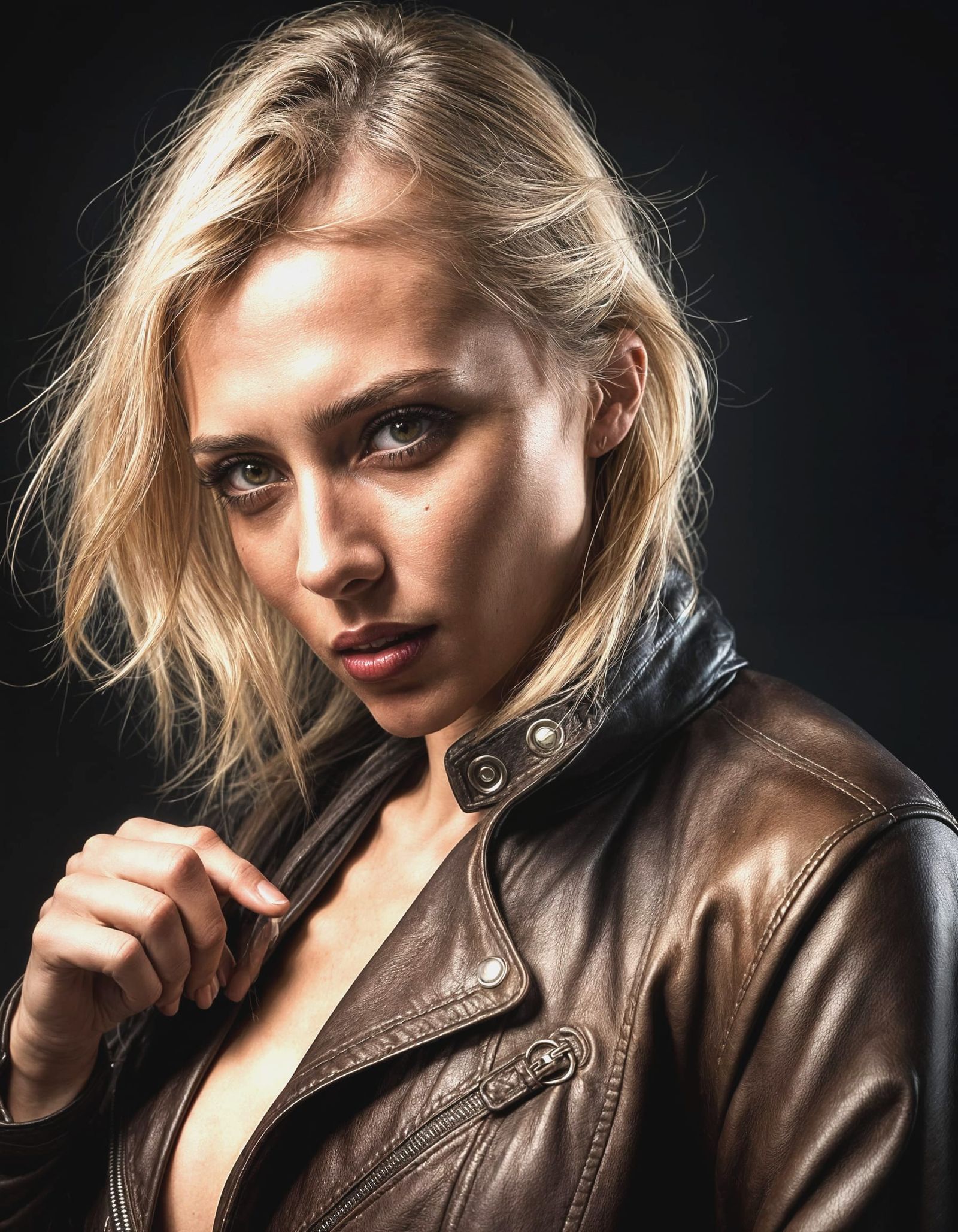 Close-up of a Beautiful Woman Unzipping Leather Jacket