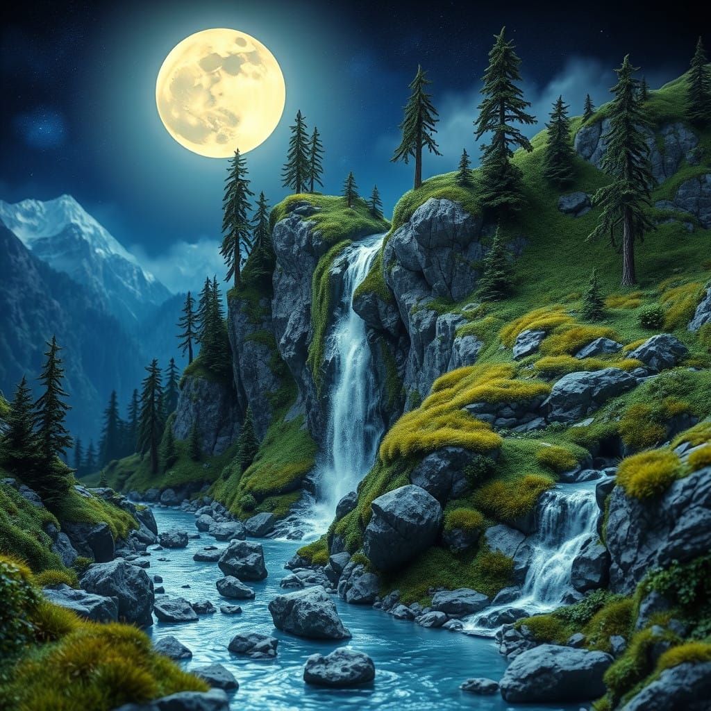 Whimsical Moonlit Mountain Scene with Cascading Waterfall