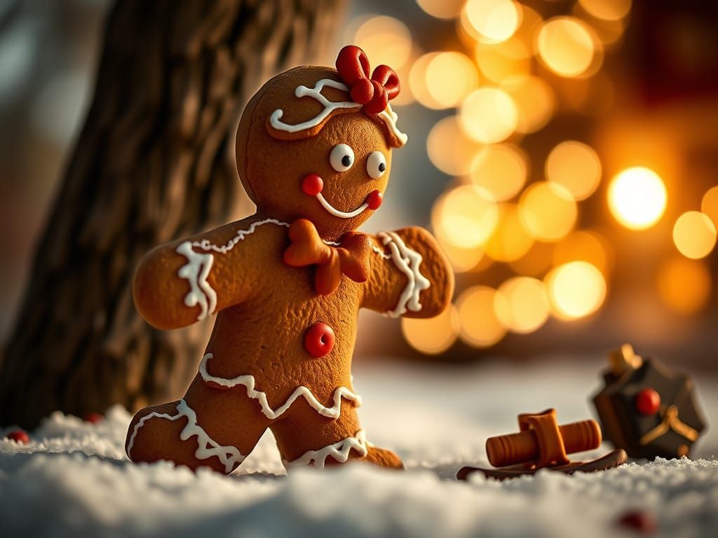 Surreal Gingerbread Man Chases Dreams in Vibrant Bokeh Photo...