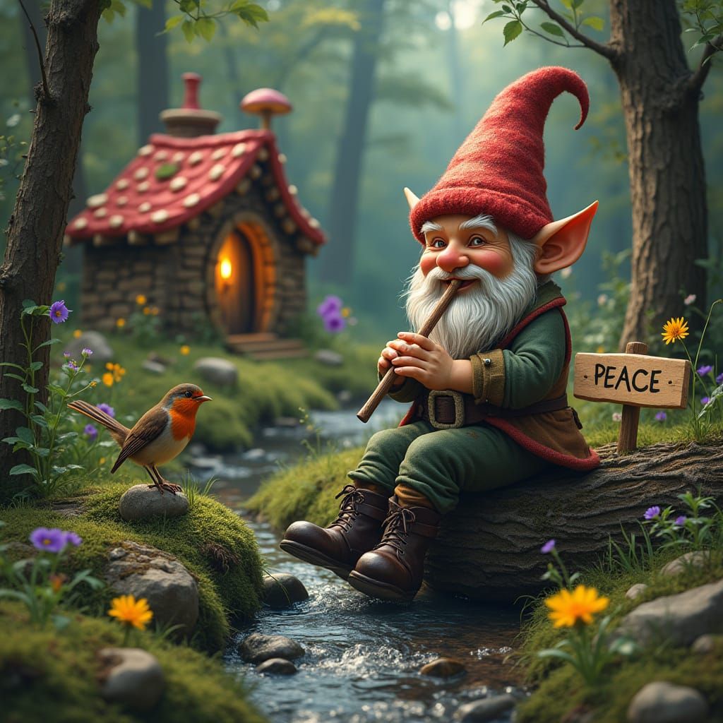 Woodland Gnome Playing Flute in Mushroom Hut