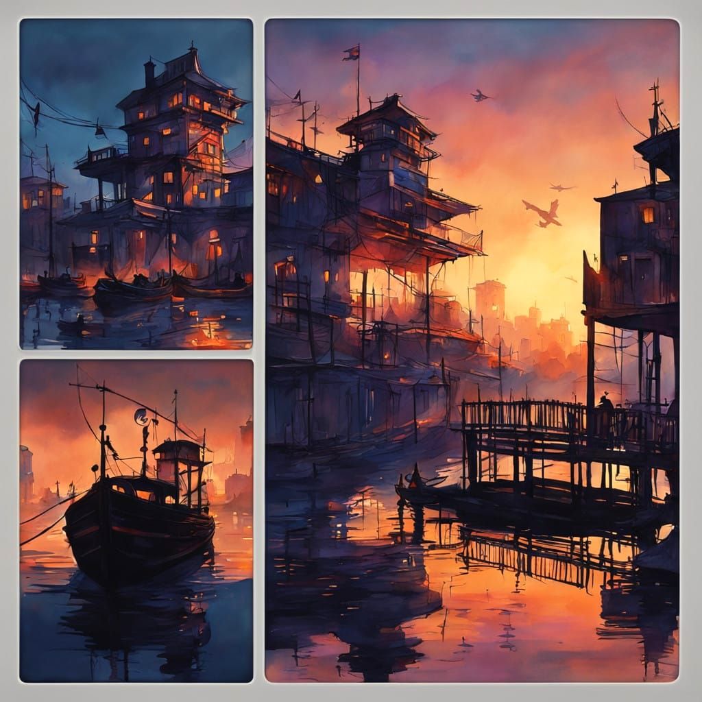 Surreal Sunset Scene on a European Lake Town in a Fantastica...