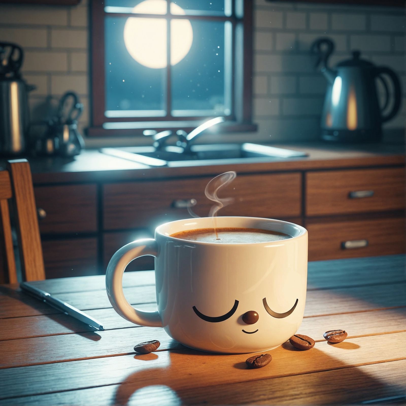 Cartoon Coffee Cup Sleeps Peacefully at Night