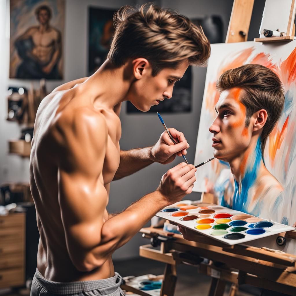 Professional artist painting prettiest shirtless boy