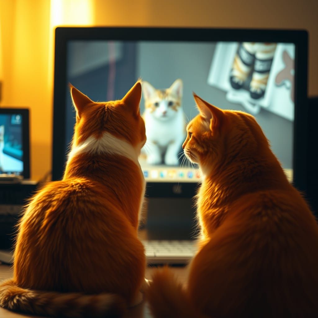 Majestic Tabby Cats Gaze at Mesmerizing Cat Video in Cinemat...