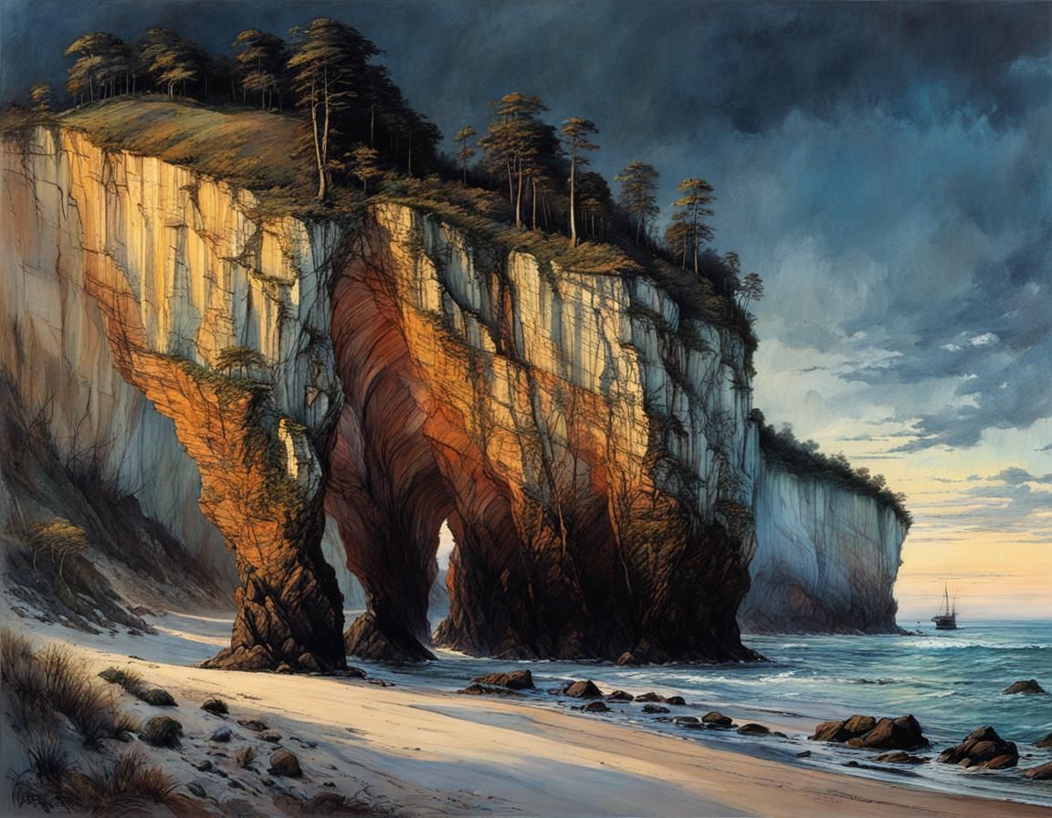 Rügen Chalk Coast in Evening Light, Golden Age Illustration