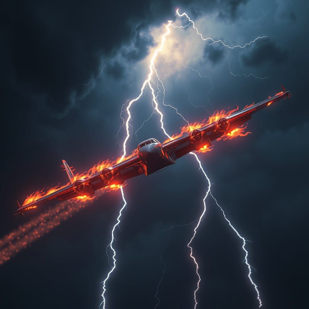 Fantastical Plane in a Fiery Thunderstorm at Night