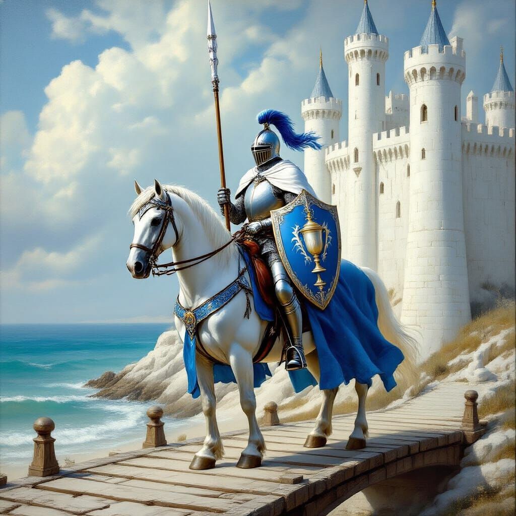 Bretonnian Knight on White Horse, Renaissance Oil Painting