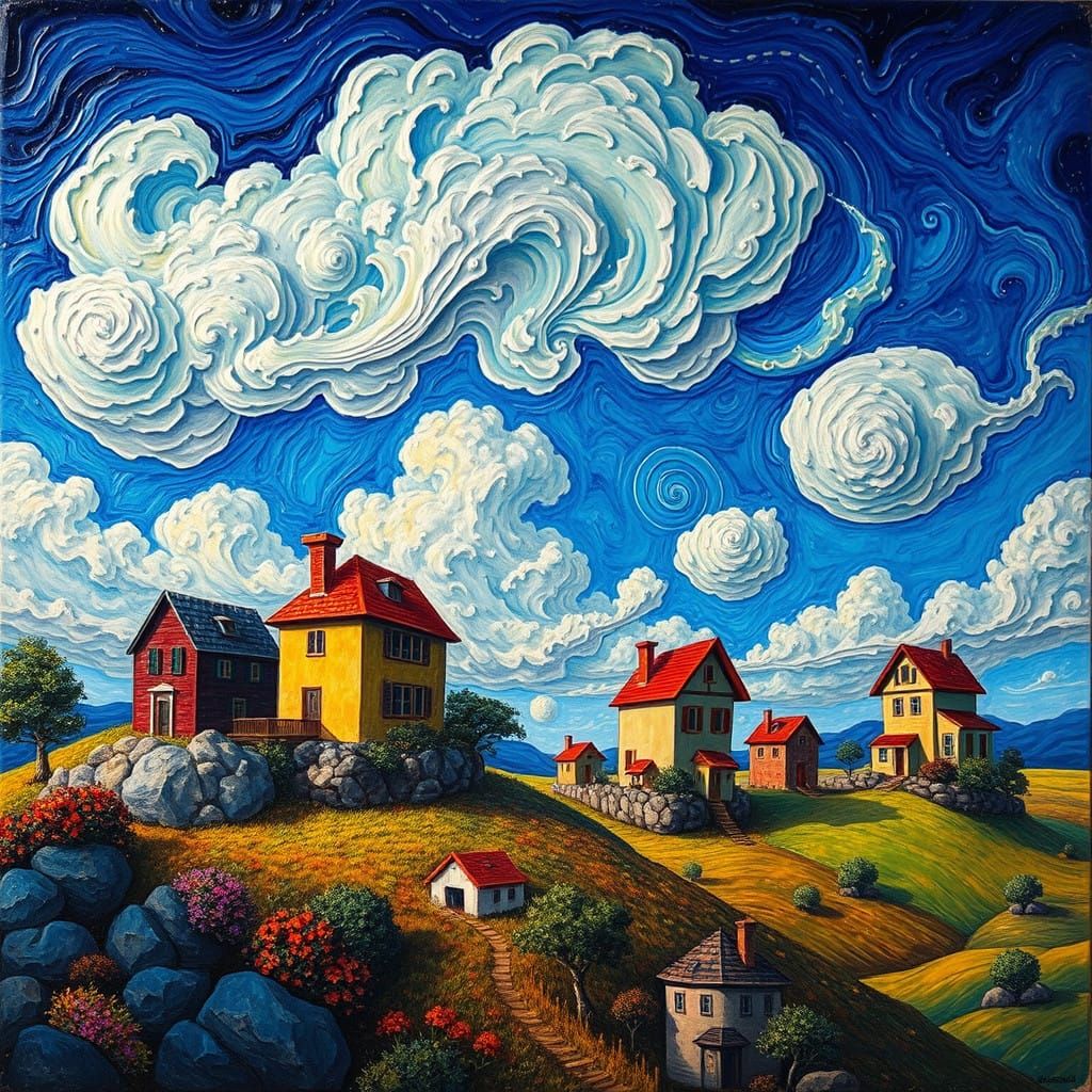 Surreal Cubic Landscape in Vibrant Acrylic Style