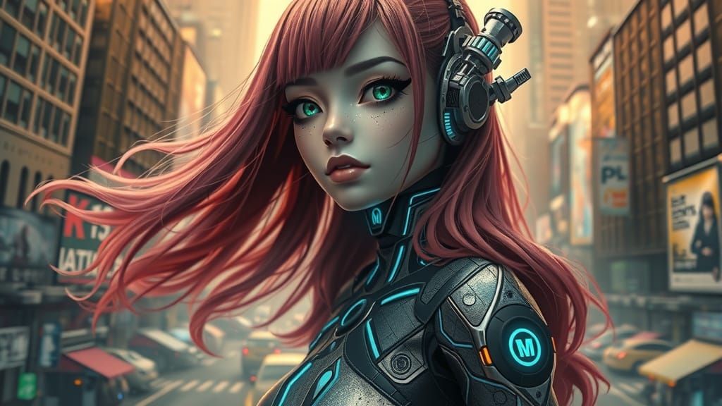 Cyberpunk Android Woman in Neon Cityscape