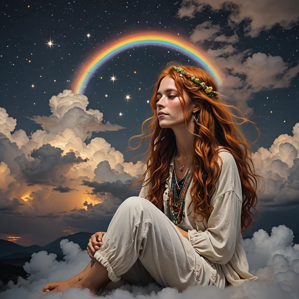 Rainbow Skinned Hippie Girl Sits on a Cloud Under a Starry N...