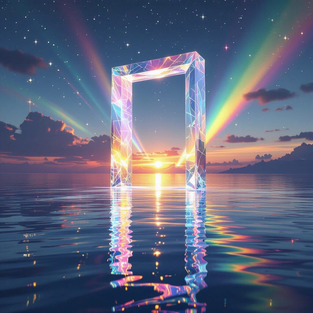 Crystalline Portal Above Mirrored Water in Futuristic Style