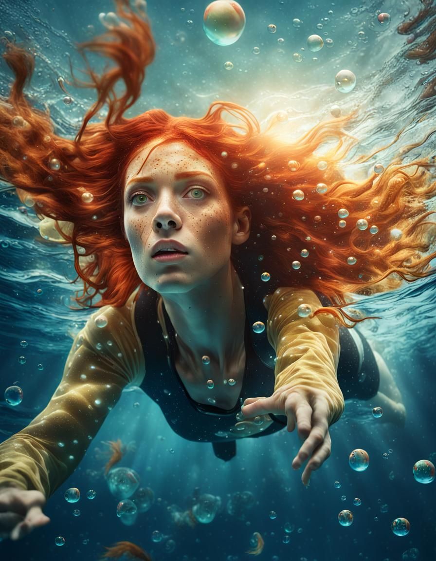 Underwater Redhead: A Hyperrealistic Editorial Photo