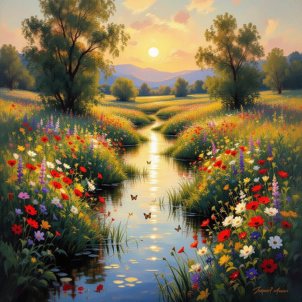 Golden Hour Landscape Painting with Wildflowers and Butterfl...