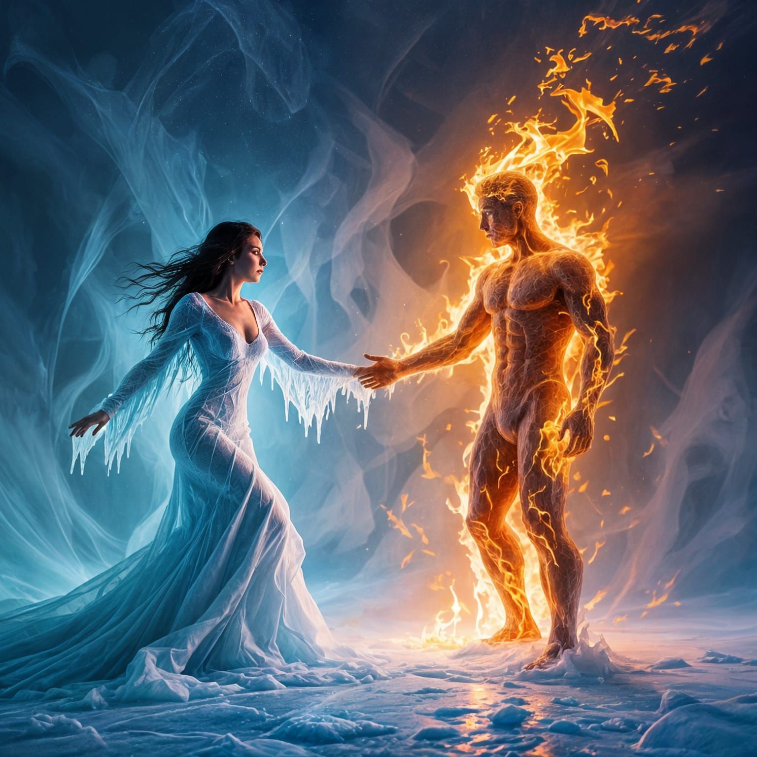 Ice Woman and Fire Man in Surreal Abstract Style