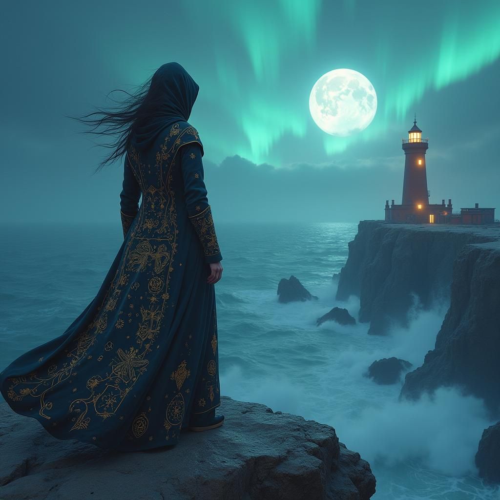 Runed Woman on Cliff Under Aurora, Matte Painting