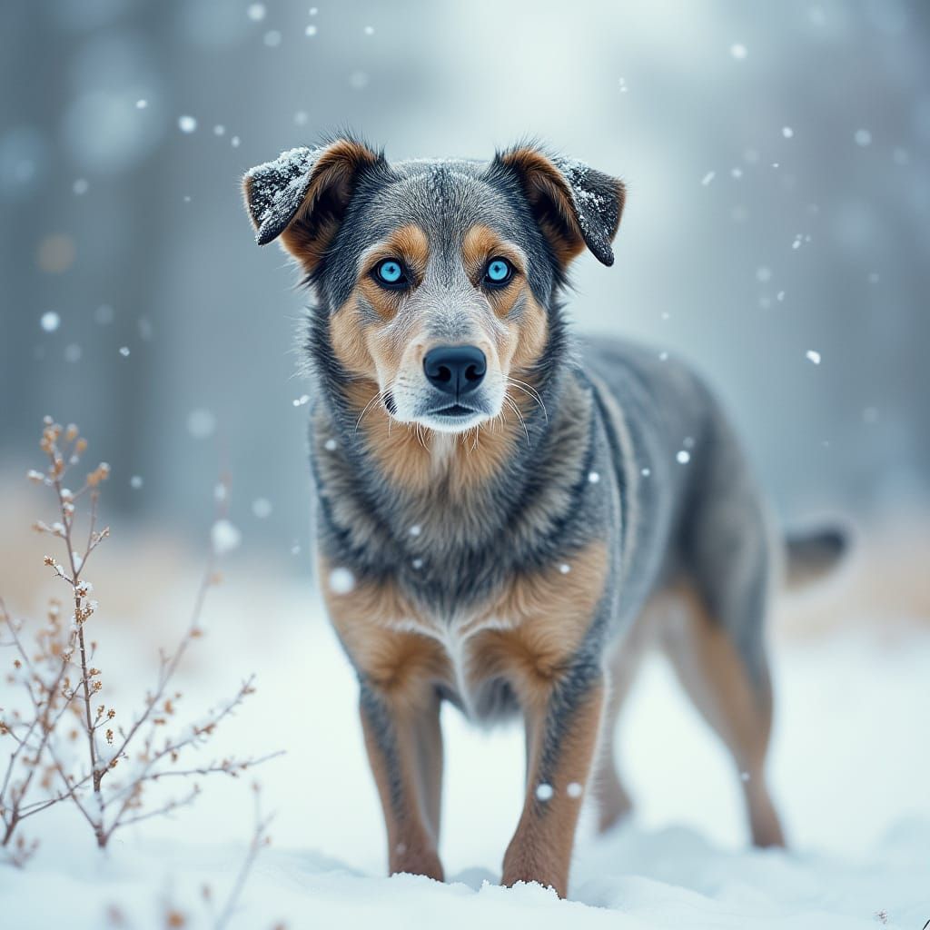 Serene Elderly Dog in Snowy Winter Landscape