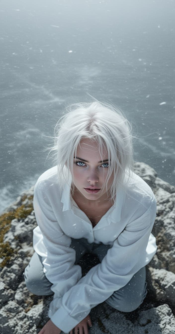 Albino Woman on Cliffs Amidst Snow Blizzard