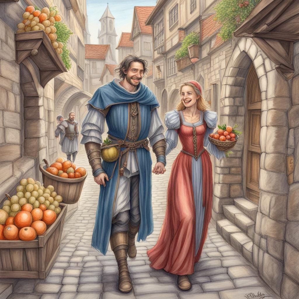 Noble Couple Laughing in Medieval City: Colored Pencil Art