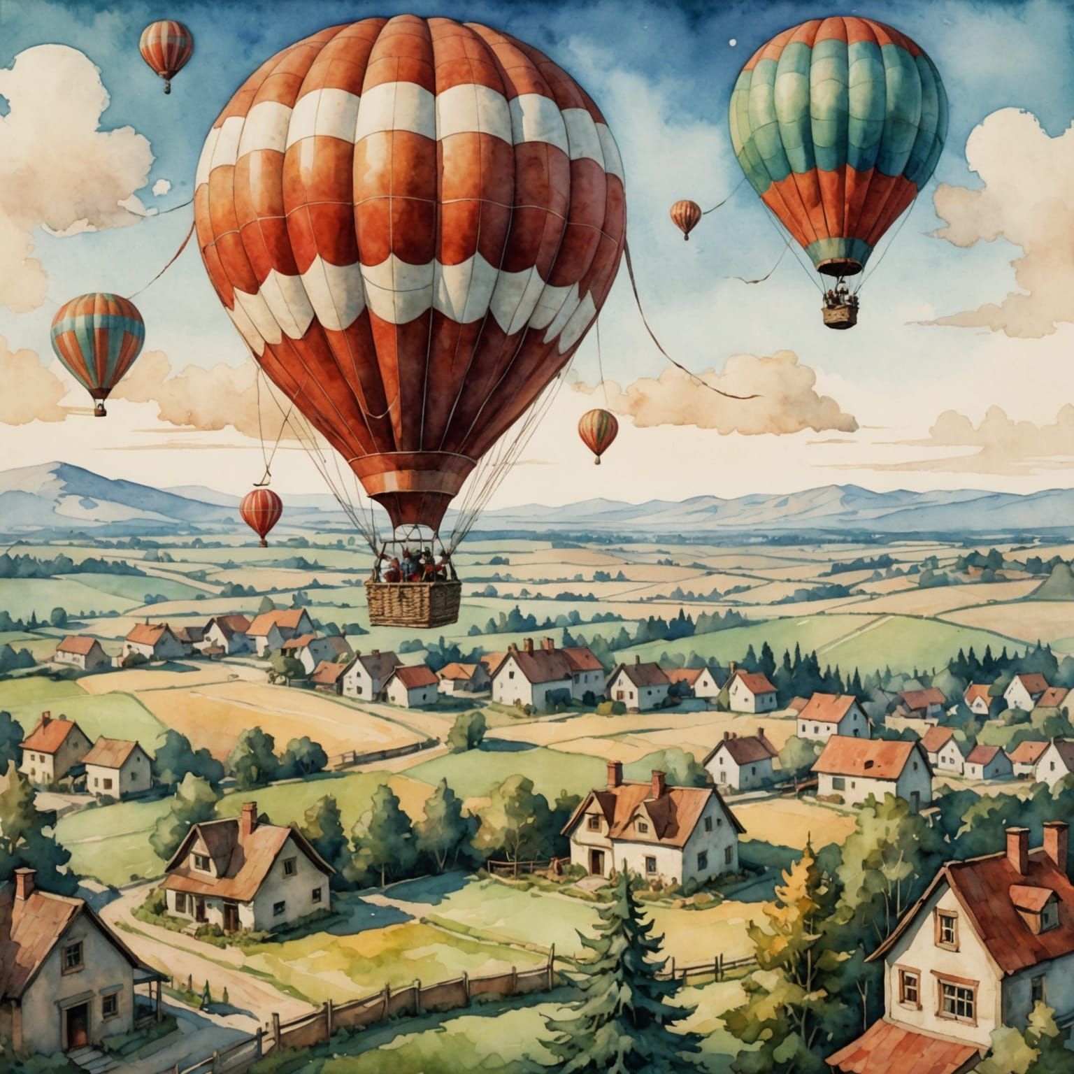 Santa's Air Balloon: Art Nouveau Watercolor