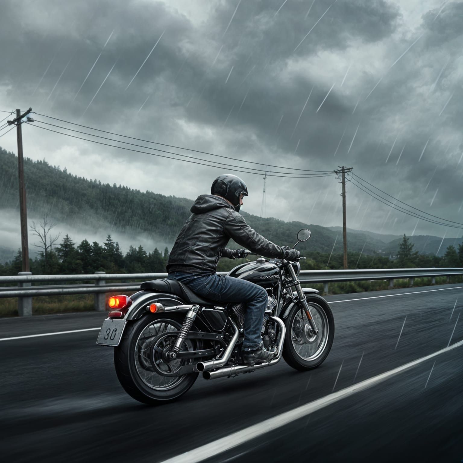 Motorcycle Rider in Stormy Weather: WLOP Painting Style