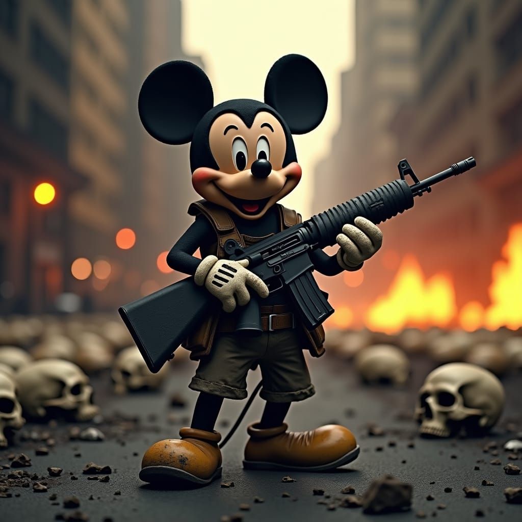 Mickey Mouse as Rambo in Apocalyptic City
