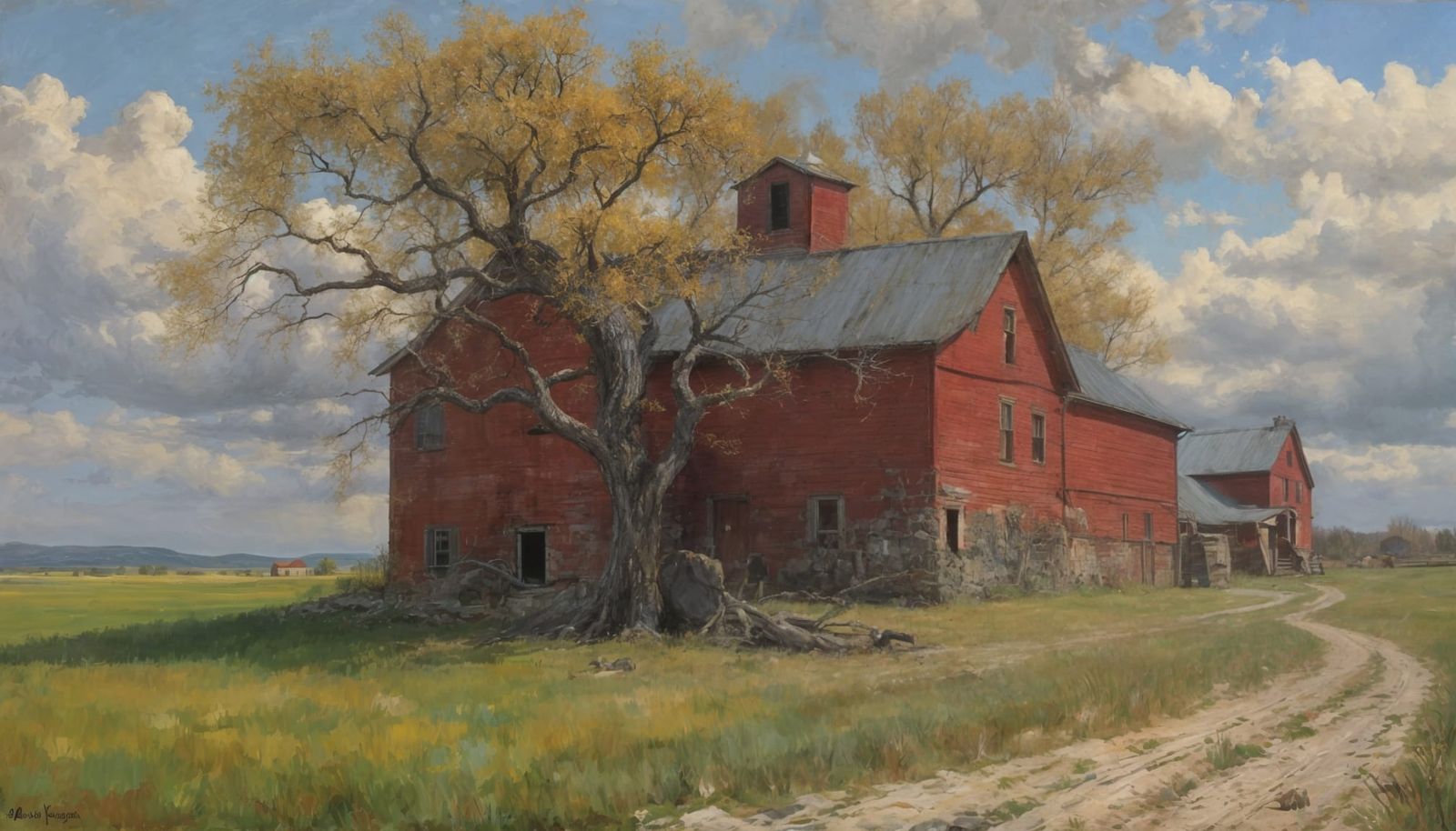 19th Century New England Farmhouse and Barn in Spring