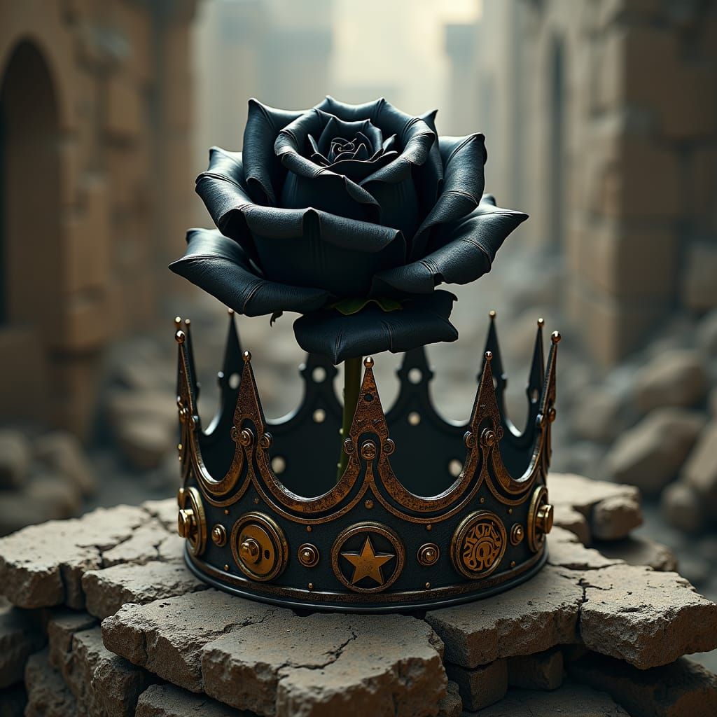 Black Rose on Crown in Crumbling Castle