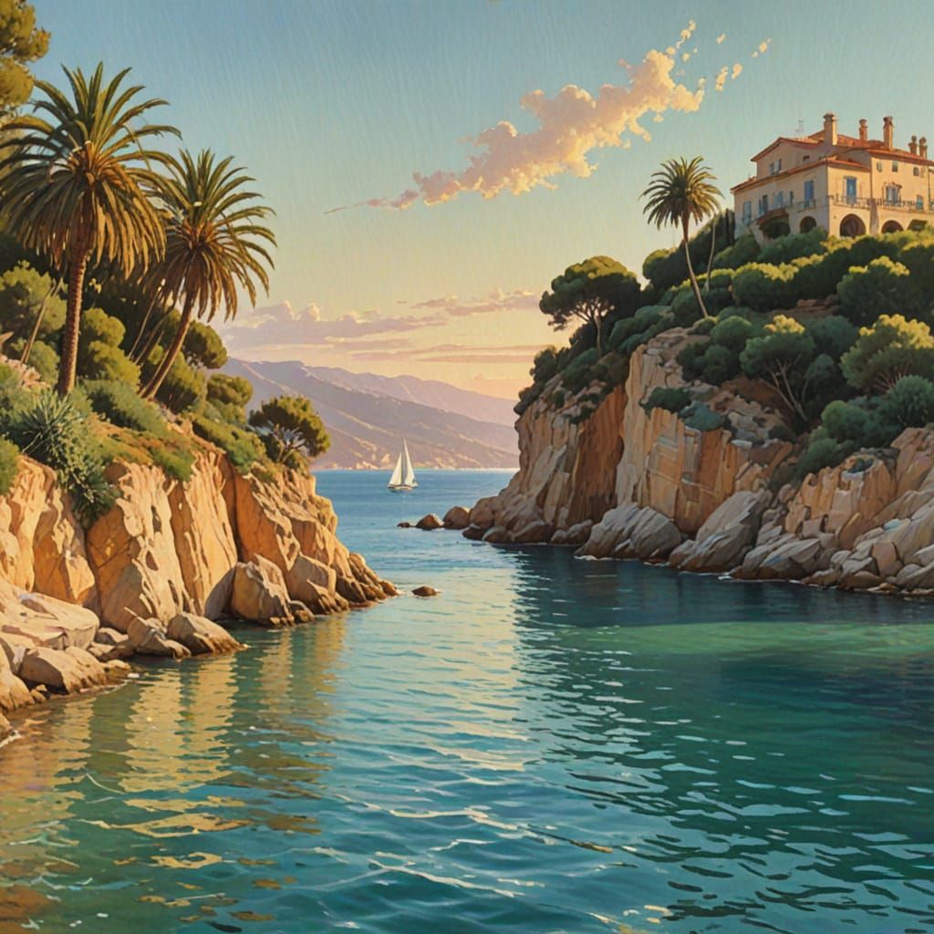 Charming Spanish Villa Coastal Landscape in Warm Light