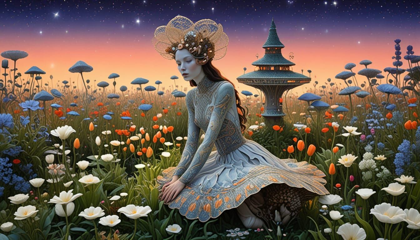 Cosmic Woman with Flowers, Birds, and Starlight Robes