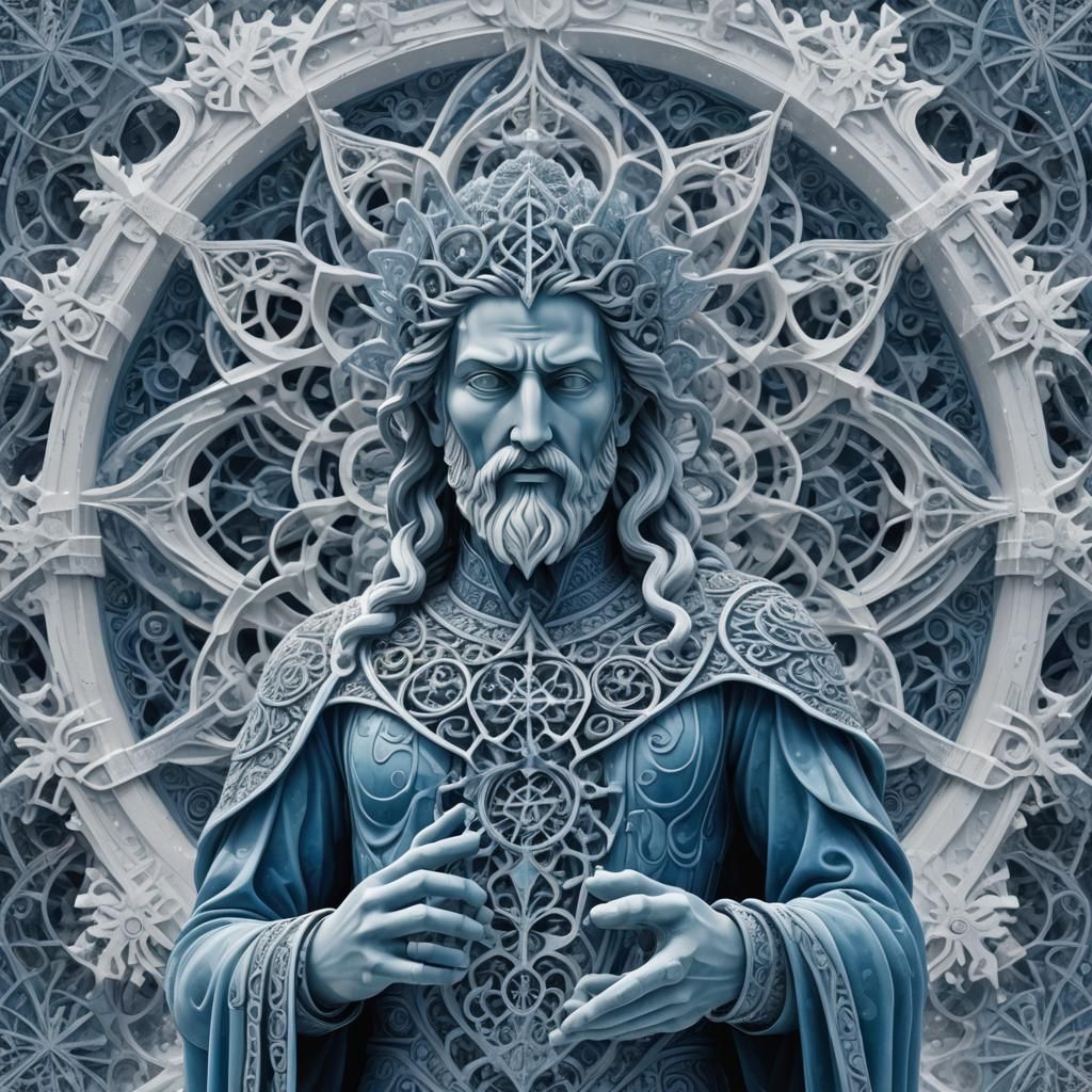 Blue Nordic Deity Statue in Snowy Square