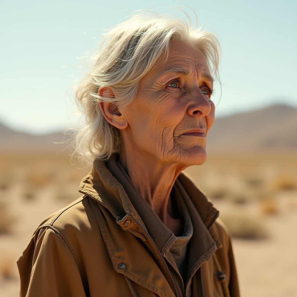 Resilient Woman in Desert Landscape: Hyperrealistic Portrait