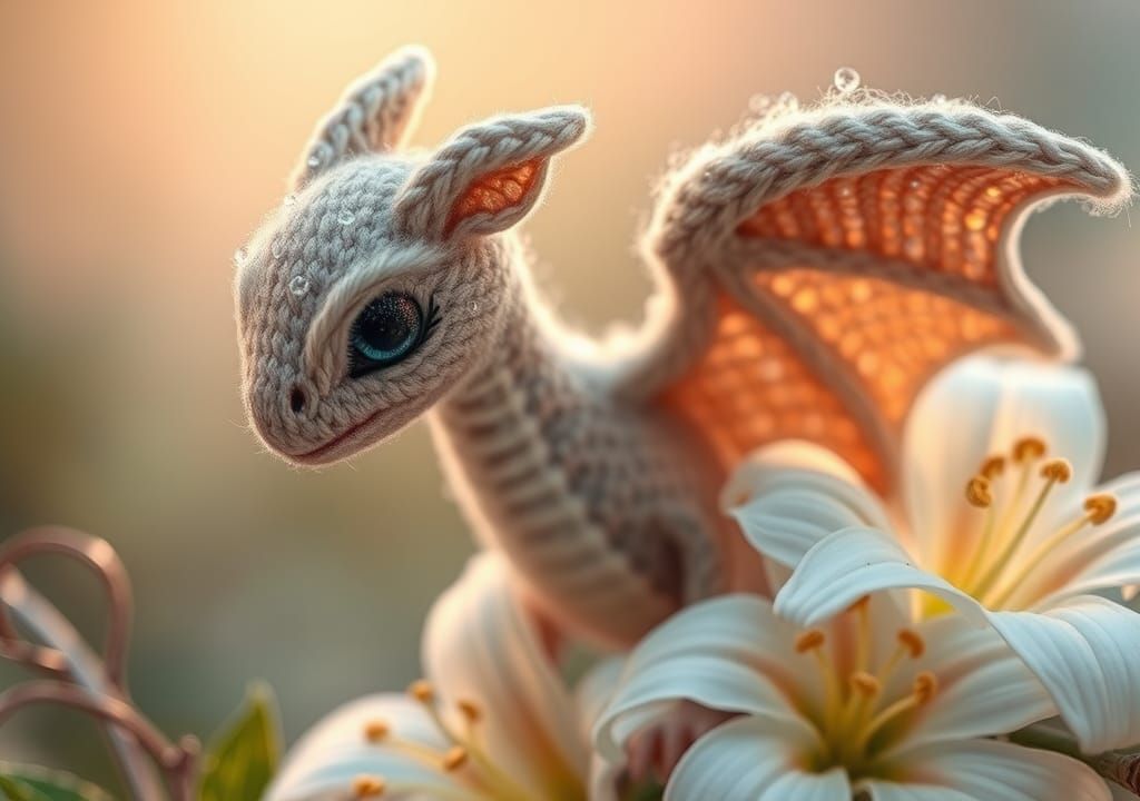 Knitted Wool Dragon with Dew Drops, Fantasy Art