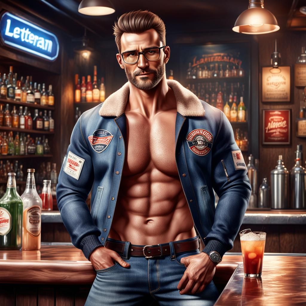 Handsome Shirtless Bartender Making Drinks in Gay Bar