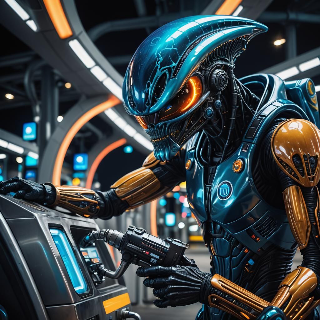Alien Fuel Attendant at Futuristic Martian Station