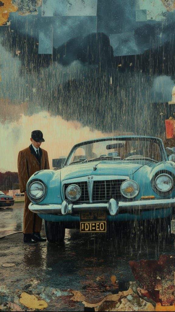 Surreal Glitch Art Collage of Man in Rain