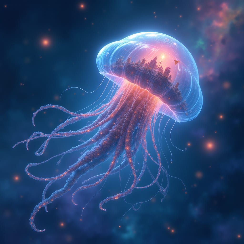 Bioluminescent Jellyfish Spacecraft Drifting Through Nebula