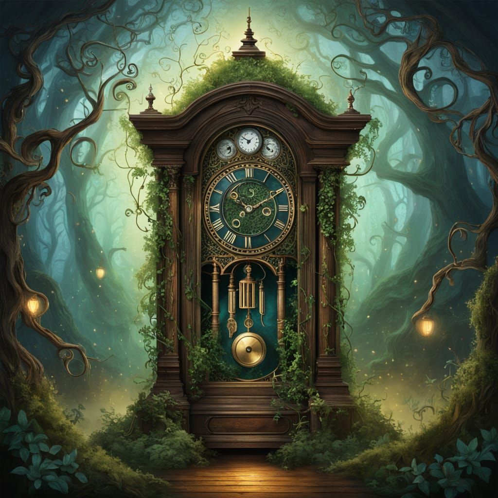 Enchanted Forest Grandfather Clock in Misty Clearing