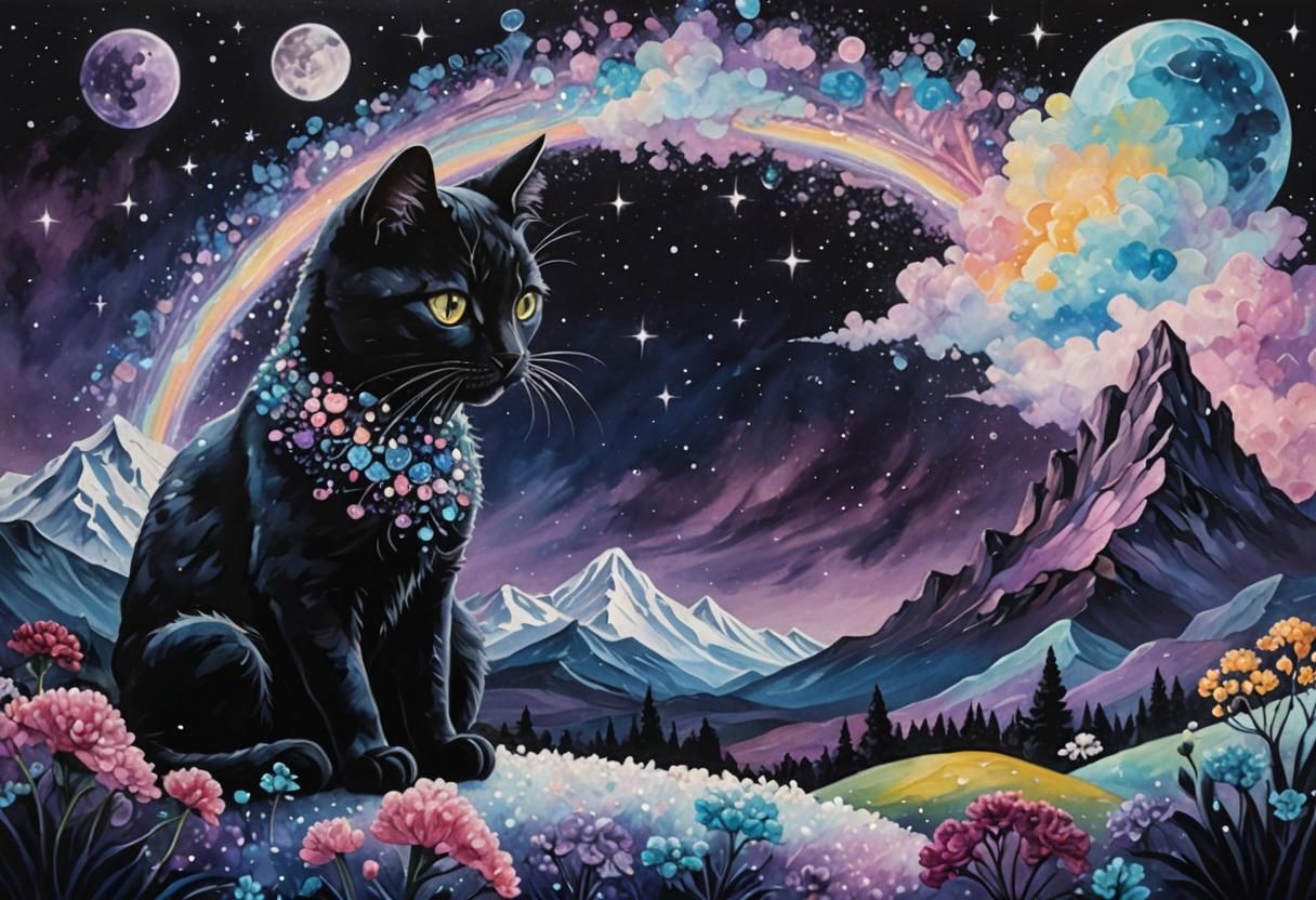 Crystal Cat Amidst Dreamy Skies in Vibrant Oil Painting Styl...