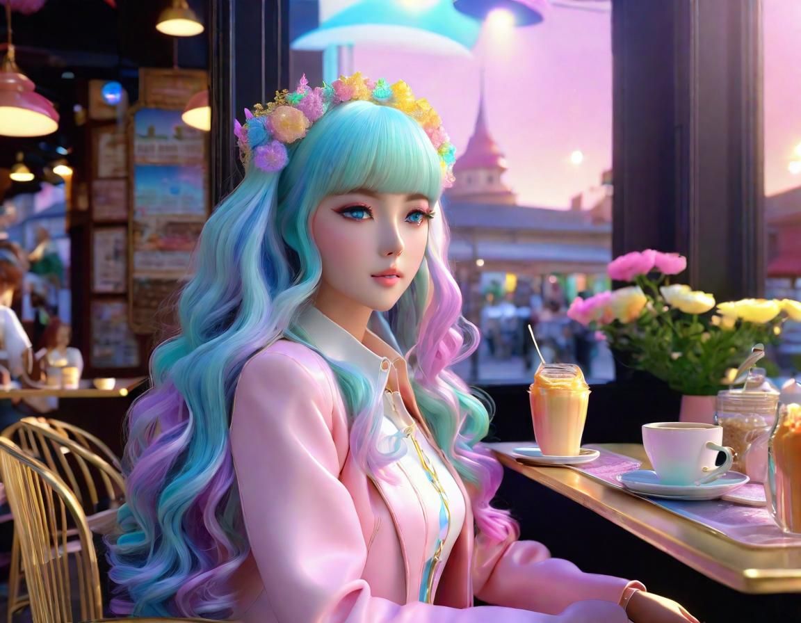 Pastel Anime Woman in Dreamy Cafe Scene